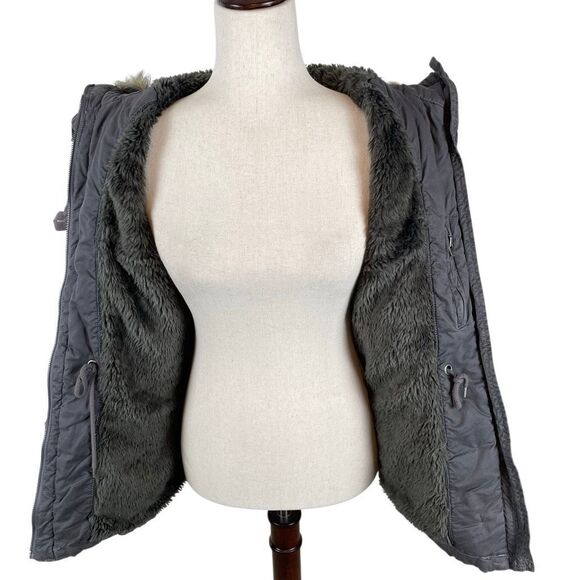 Aeropostale Y2K Utility Jacket Womens S Faux Fur Lined Hood Military Bomber Gray - Picture 9 of 13